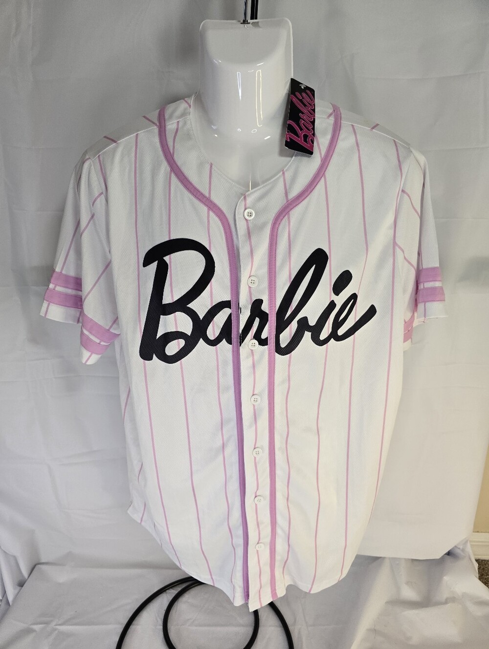 NWT Barbie Icon 59 White Pink Pinstripe Baseball Jersey Women's Size Medium